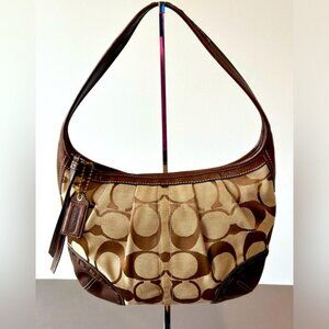 COACH Signature Hobo Brown Leather Trim Shoulder Handbag